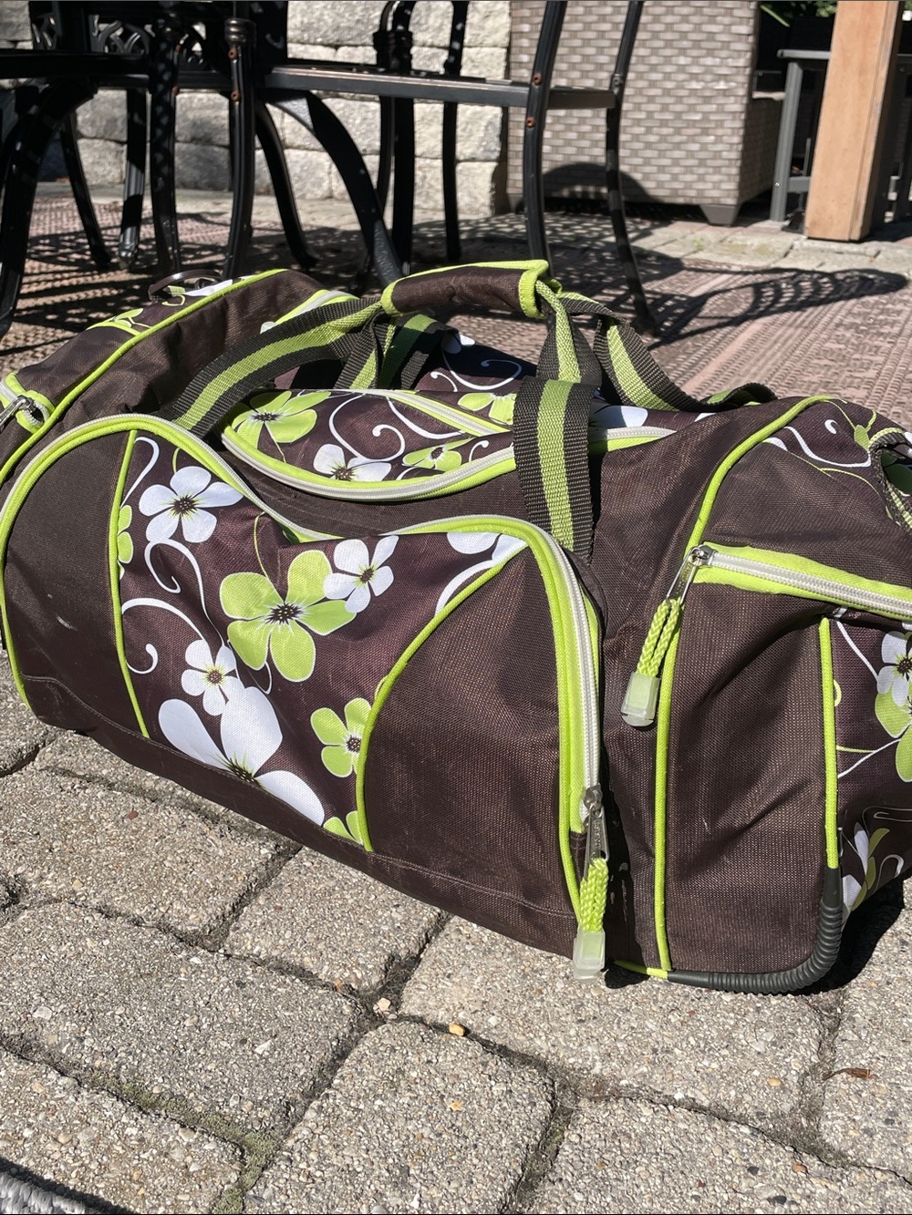 Brown Floral Duffle Bag with Lime Accents 3 piece set